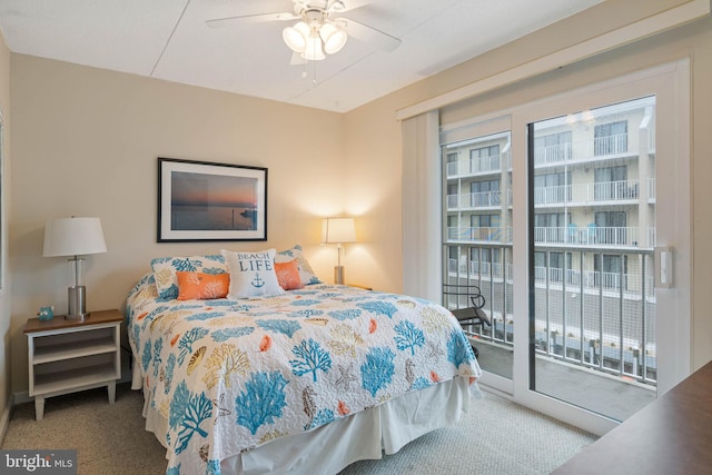 carpeted bedroom with access to exterior and ceiling fan