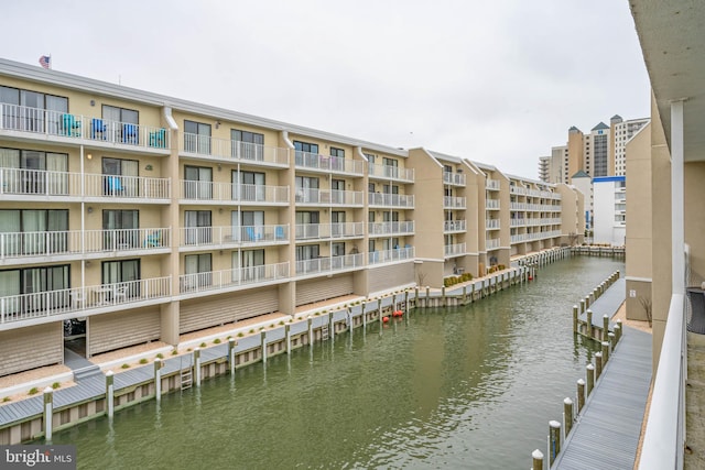 view of building exterior featuring a water view