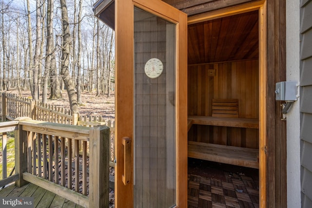 view of sauna featuring wood ceiling