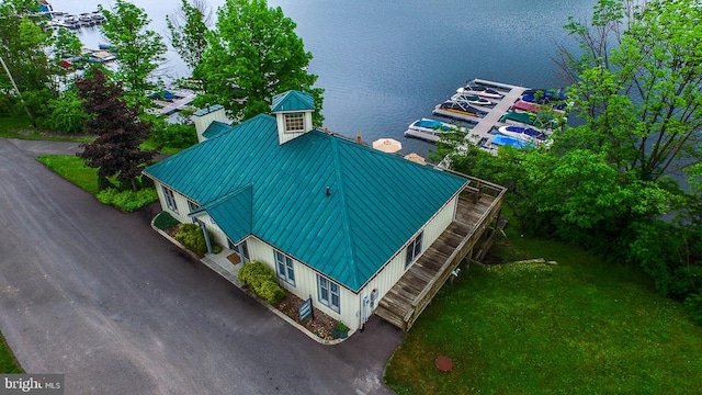 drone / aerial view featuring a water view