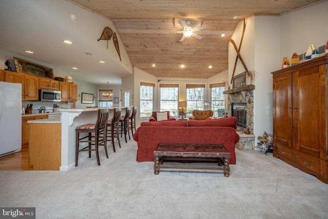 living room with light hardwood / wood-style floors, wood ceiling, ceiling fan with notable chandelier, and lofted ceiling