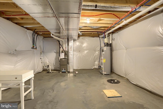 basement with heating unit and gas water heater