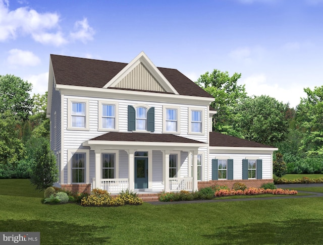 view of front of house featuring a porch and a front lawn