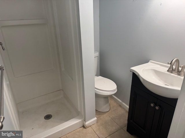 bathroom with walk in shower, tile floors, toilet, and vanity