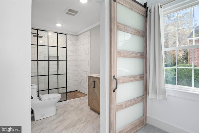 bathroom with a bidet, toilet, tile floors, and vanity