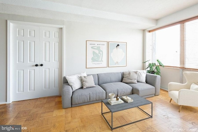 living room featuring a textured ceiling