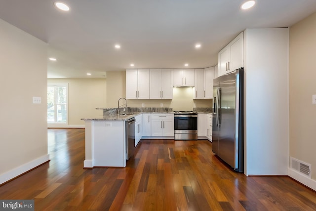 kitchen featuring dark hardwood / wood-style flooring, kitchen peninsula, stainless steel appliances, and light stone counters