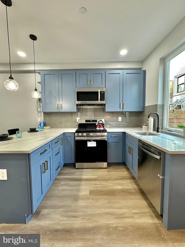 kitchen with sink, tasteful backsplash, stainless steel appliances, light hardwood / wood-style flooring, and kitchen peninsula