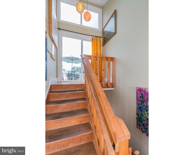 stairs featuring hardwood / wood-style floors