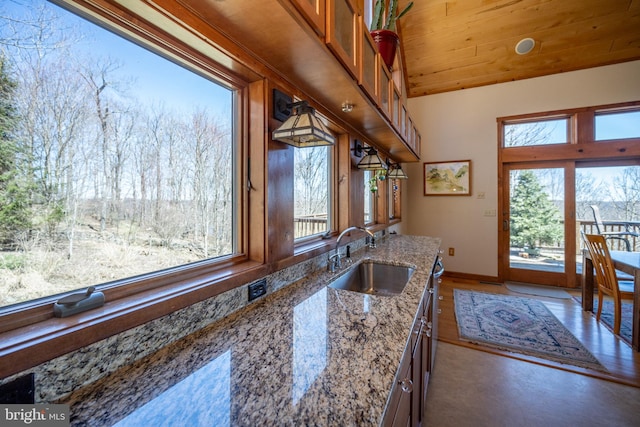 kitchen with a wealth of natural light, sink, wood ceiling, and dark hardwood / wood-style floors