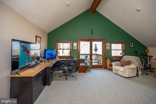 office area featuring beamed ceiling, carpet, and high vaulted ceiling