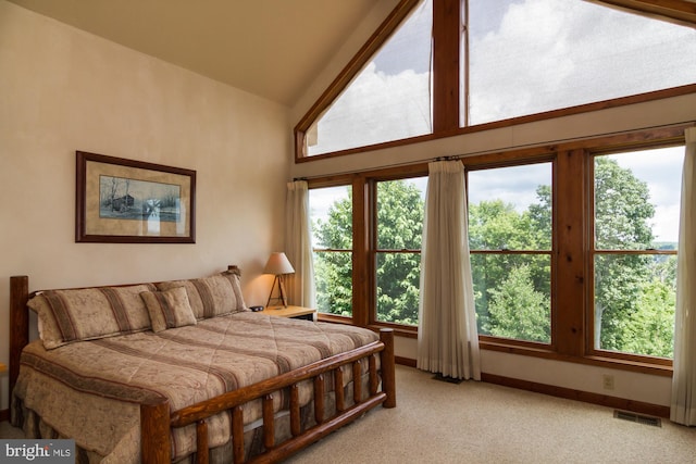 carpeted bedroom featuring multiple windows and high vaulted ceiling