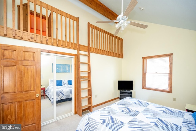 carpeted bedroom featuring ceiling fan, beamed ceiling, and a high ceiling