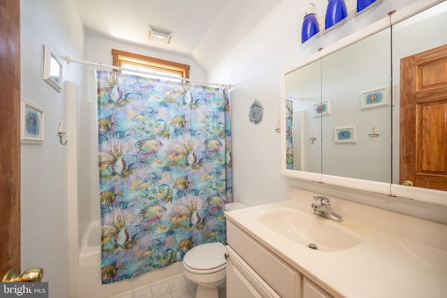 full bathroom with vanity, tile patterned floors, vaulted ceiling, toilet, and shower / bath combo with shower curtain