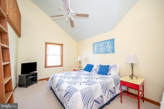 carpeted bedroom featuring high vaulted ceiling and ceiling fan