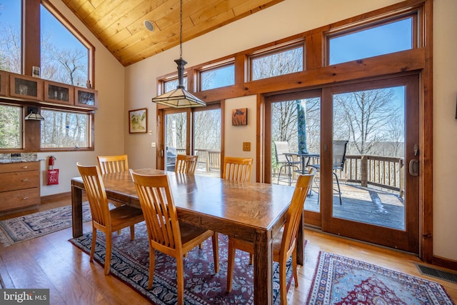 dining space featuring hardwood / wood-style flooring, high vaulted ceiling, a wealth of natural light, and wood ceiling