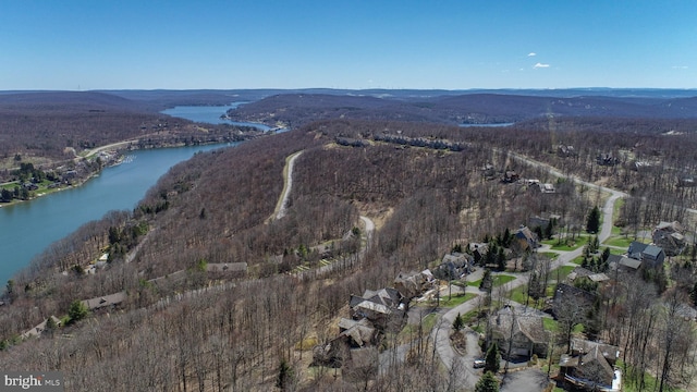 drone / aerial view with a water and mountain view