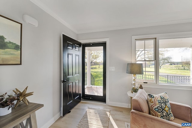 entrance foyer featuring light hardwood / wood-style floors and crown molding