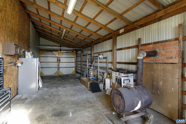 garage with a wood stove