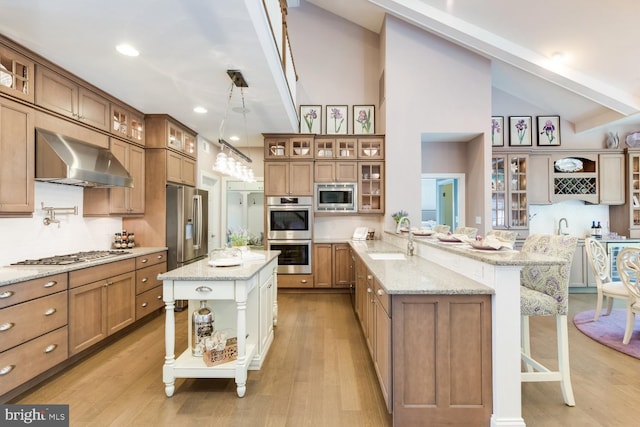 kitchen with pendant lighting, light hardwood / wood-style flooring, appliances with stainless steel finishes, wall chimney exhaust hood, and a breakfast bar area