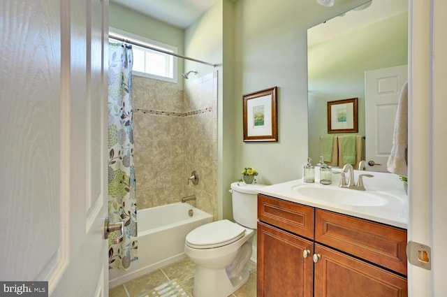 full bathroom with shower / tub combo with curtain, tile flooring, toilet, and vanity