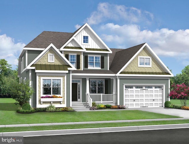 craftsman inspired home featuring a porch, a front lawn, and a garage