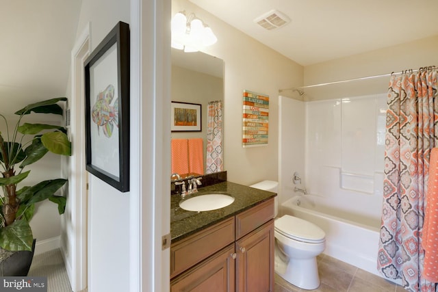 full bathroom with shower / bath combination with curtain, toilet, large vanity, and tile floors