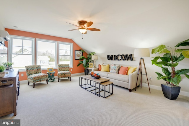 living room featuring lofted ceiling, light colored carpet, ceiling fan, and a wall mounted AC