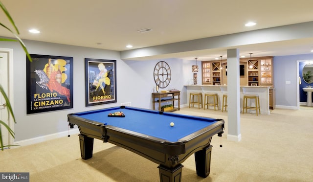 playroom featuring indoor bar, light colored carpet, and pool table