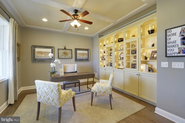 office area featuring ceiling fan, light wood-type flooring, and coffered ceiling