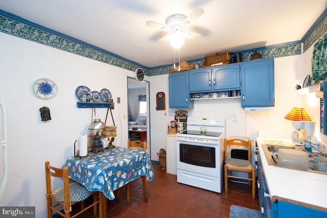 kitchen featuring electric stove, blue cabinets, ceiling fan, and dark tile flooring