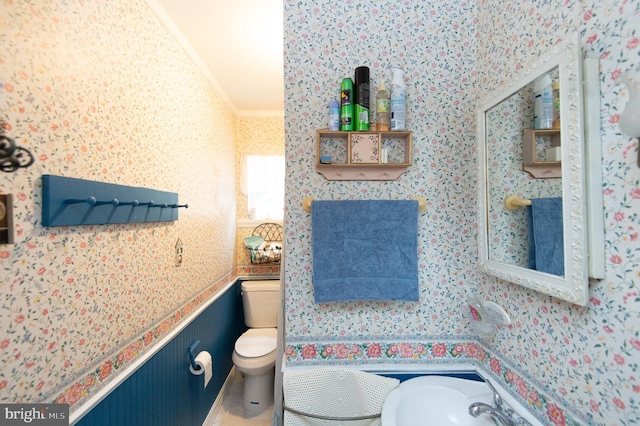 bathroom with toilet and ornamental molding