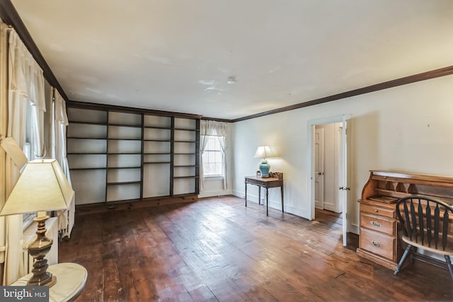 office area featuring dark hardwood / wood-style flooring and crown molding