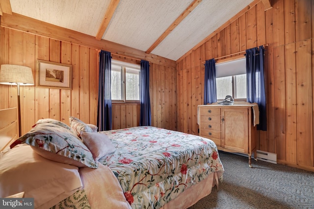 carpeted bedroom featuring vaulted ceiling with beams, a baseboard radiator, and wooden walls