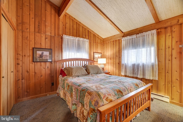 bedroom featuring dark colored carpet, vaulted ceiling with beams, baseboard heating, and wooden walls