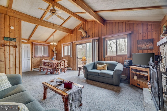 carpeted living room with wooden walls, a stone fireplace, and vaulted ceiling with beams