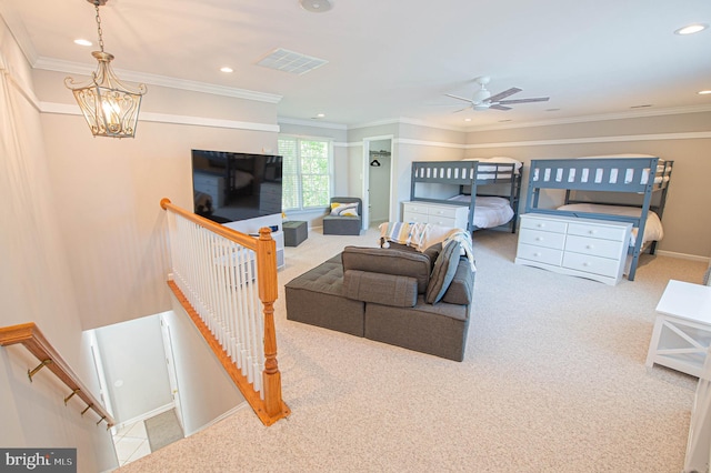 carpeted bedroom featuring a notable chandelier and ornamental molding