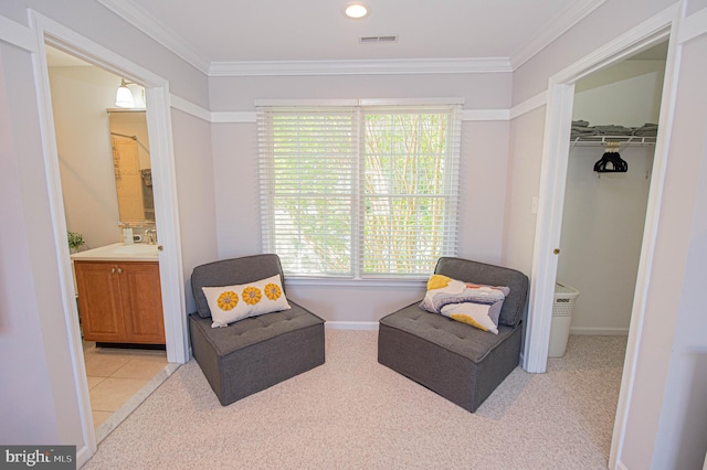 living area featuring light carpet, sink, and crown molding