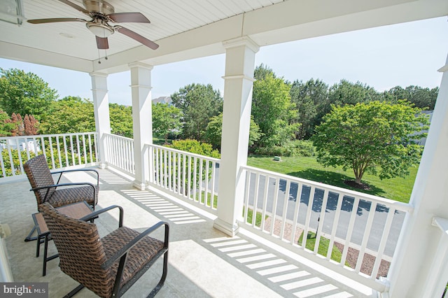 exterior space featuring covered porch and ceiling fan