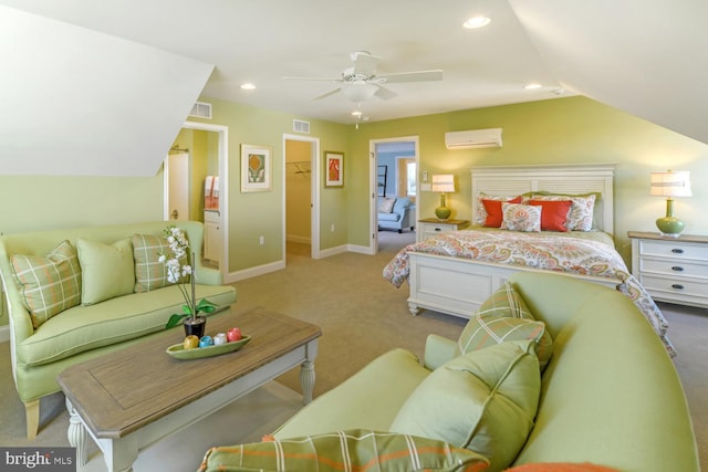 carpeted bedroom with ceiling fan, a wall mounted AC, a spacious closet, a closet, and lofted ceiling