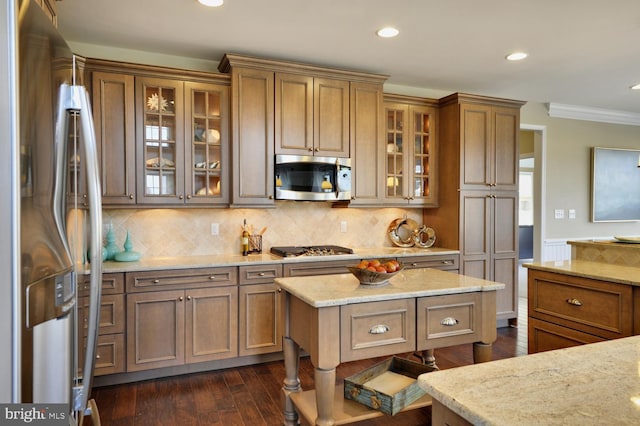 kitchen featuring appliances with stainless steel finishes, dark hardwood / wood-style floors, backsplash, and light stone counters