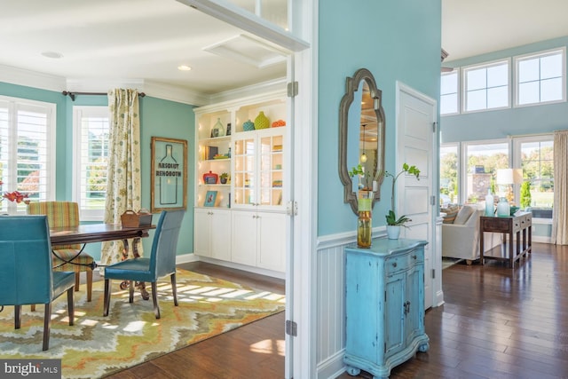 dining room featuring plenty of natural light, ornamental molding, dark wood-type flooring, and built in features