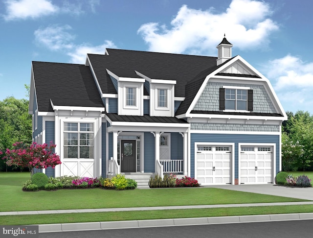 view of front of house with a porch, a front yard, and a garage