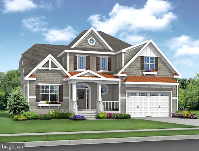 craftsman inspired home featuring a front lawn and a garage