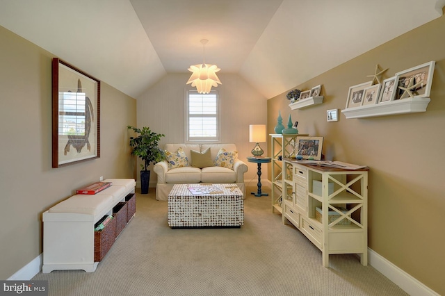 living room featuring light carpet and vaulted ceiling