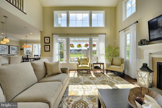 living room with a towering ceiling, hardwood / wood-style floors, and a healthy amount of sunlight