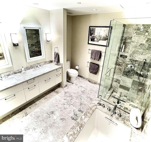 bathroom featuring toilet, tile flooring, dual vanity, and walk in shower