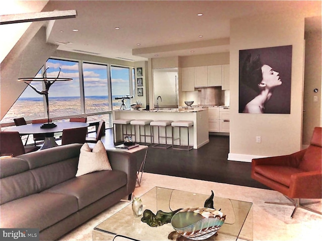 living room with light hardwood / wood-style flooring and sink