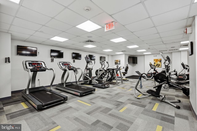 workout area featuring a drop ceiling and light colored carpet