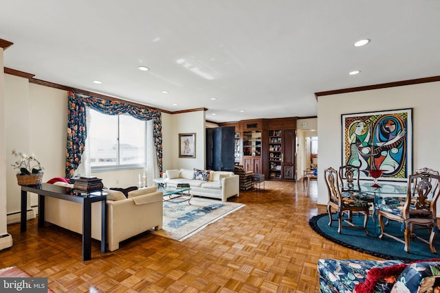 living room featuring ornamental molding and light parquet flooring